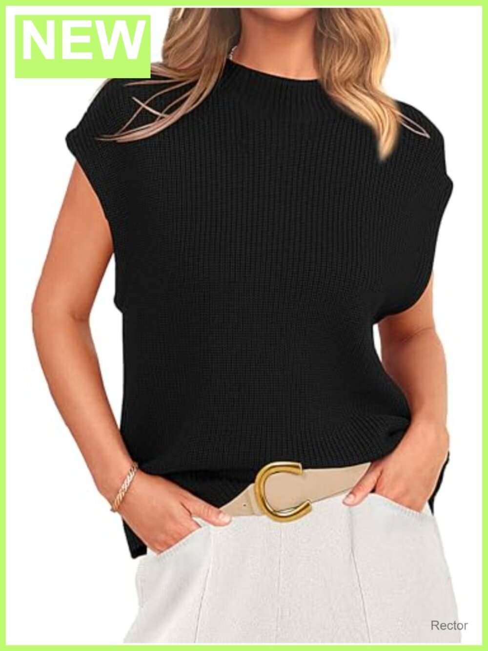 Sleeveless Ribbed Knit Sweater Vest Mock Neck Cap Sleeve Work Tank Top